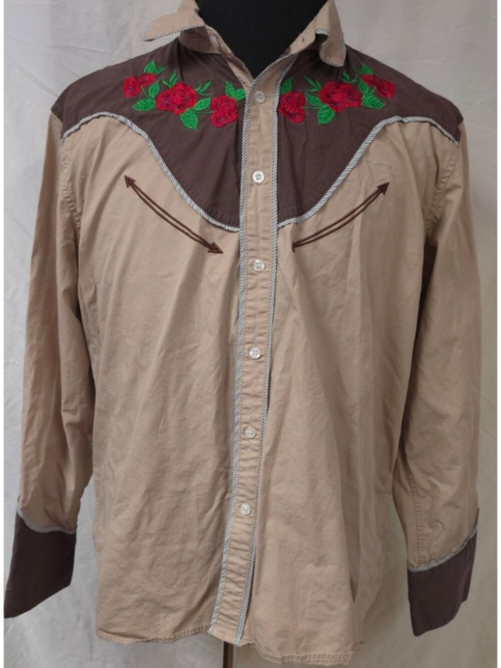 Coofandy Mens XL Tan Brown Western Floral Rose Embroidered Button Cowboy Shirt